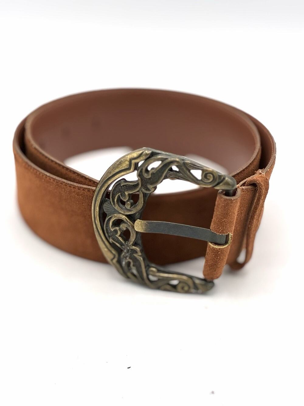 Wide Cognac Suede Belt 30-34 Inch Ornate Antiqued Brass Scroll Buckle Boho M/L